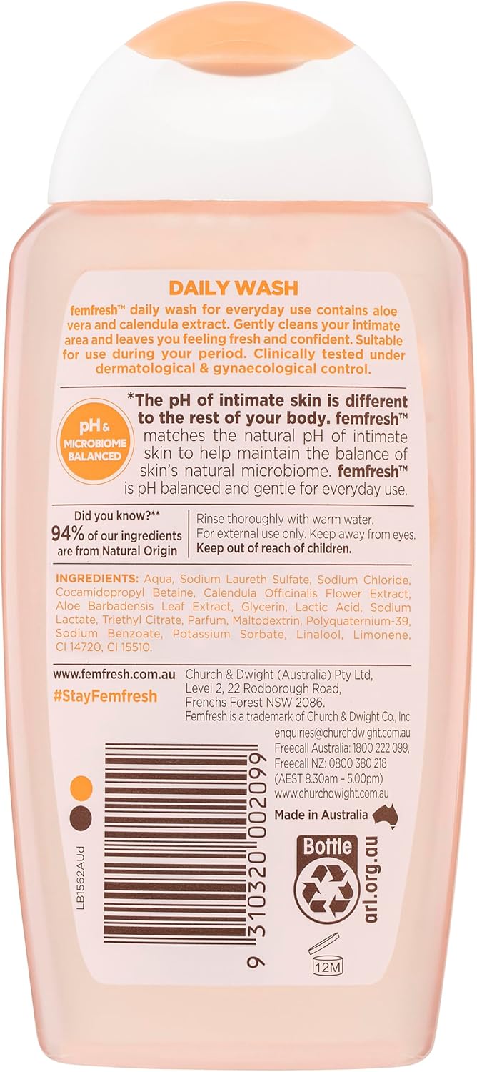 Femfresh Daily Intimate Wash - 250ml, pH & Microbiome Balanced, With Aloe Vera & Calendula Extracts, 94% Natural Origin Ingredients, Hypoallergenic & Soap-Free, Gentle Feminine Body Wash for Freshness