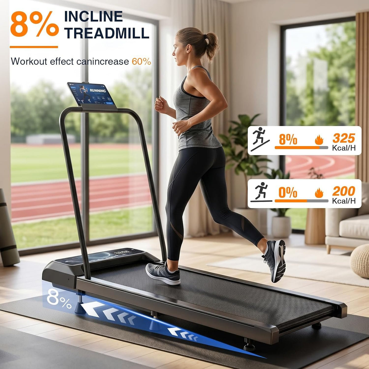 Walking Treadmill Pad with 0–5-8% Incline, 2.5HP | Compact Treadmill，Perfect for Running, Walking & Under-Desk Use，Quiet Operation for Home or Office