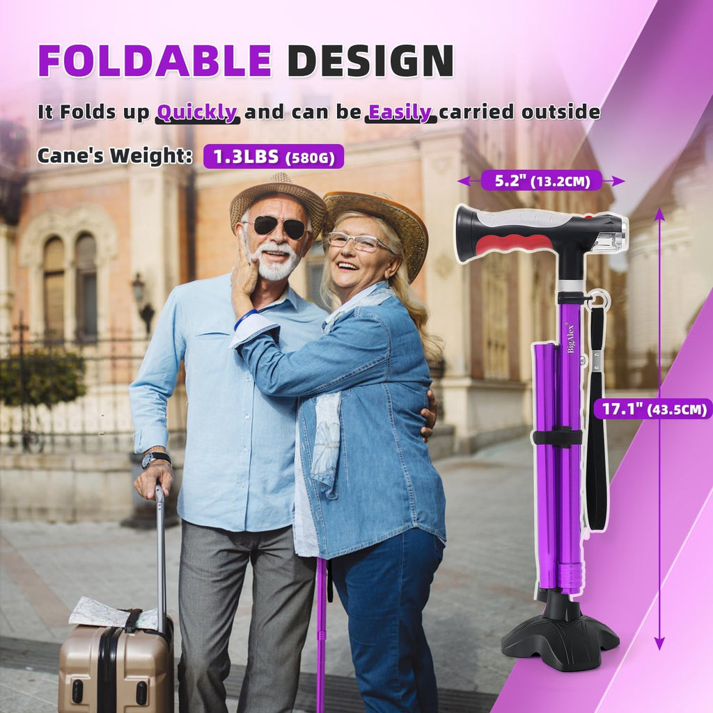 BigAlex Folding Walking Cane with Two Led Lights for Elderly Solid Base Adjustable Walking Stick with Carrying Bag for Men Women
