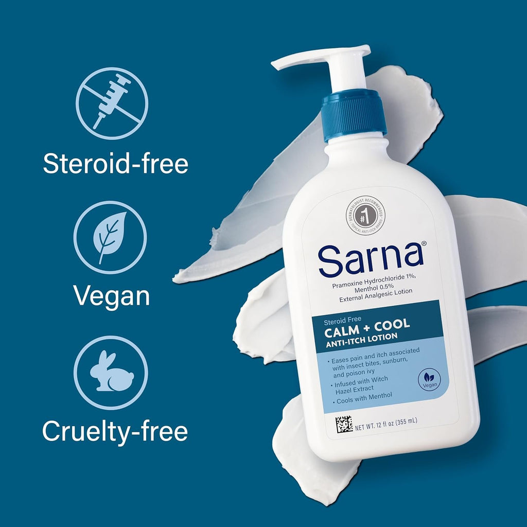 Sarna Calm and Cool Anti-Itch Lotion, Soothe and Relieve Pain and Itch from Insect Bites, Sunburn, Poison Ivy, Contains 1% Pramoxine Hydrochloride, 0.5% Menthol, Vegan, Steroid-Free, 7.5oz
