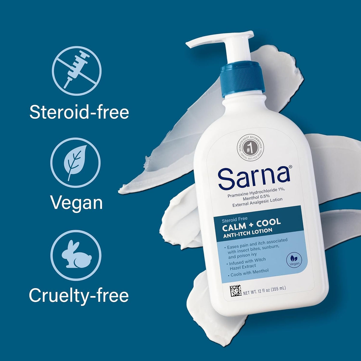 Sarna Calm and Cool Anti-Itch Lotion, Soothe and Relieve Pain and Itch from Insect Bites, Sunburn, Poison Ivy, Contains 1% Pramoxine Hydrochloride, 0.5% Menthol, Vegan, Steroid-Free, 7.5oz