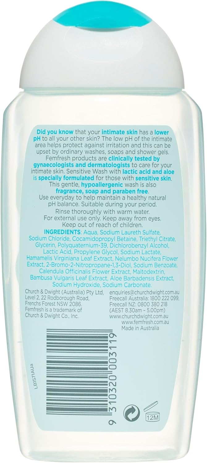 Femfresh Sensitive Intimate Wash 250ml - Fragrance & Colour-Free, With Lotus Flower & Bamboo Extracts, pH & Microbiome Balanced, 94% Natural Origin Ingredients, Soap-Free Gentle Feminine Cleanser