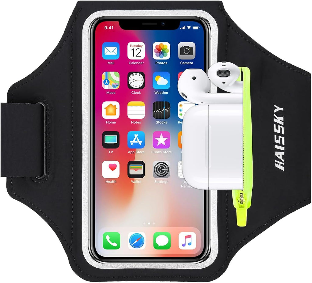 Running Armband with Earphone Bag Cell Phone Armband for iPhone 17 16 15 Pro 14 Plus 13 11 XR, Galaxy S24/S10 Water Resistant Sports Phone Holder Case & Zipper Slot Car Key Holder for 6.9 inch Phone