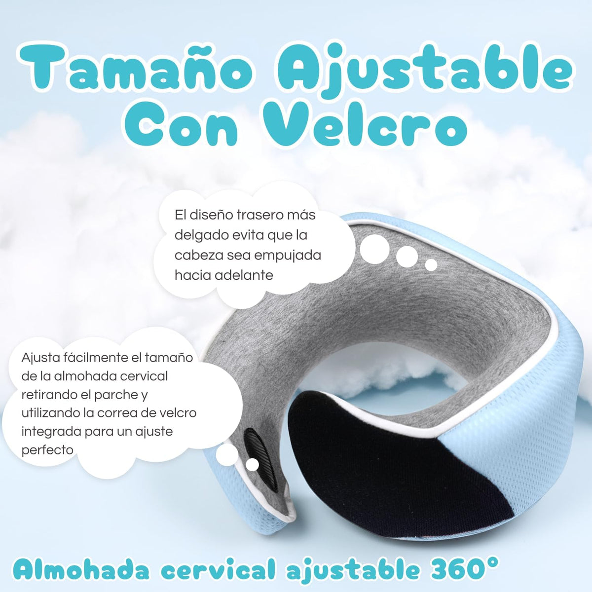 Proglobe, Kids Ergonomic Memory Foam Neck Pillow for Travel Airplane Car Booster Seat Soft Washable Compact with Strap 4-13 Years Old Light Blue