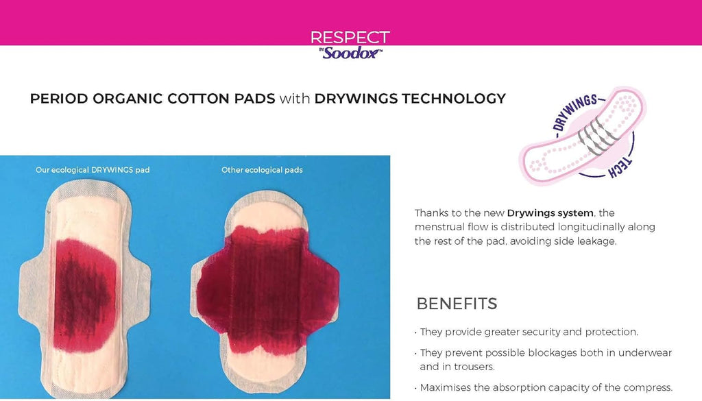 Respect by Soodox Period Organic NIGHT Cotton Pads | Drywings Technology With Anti-Leak Wings| Clinically Tested Non Irritating | Certified Organic Cotton | No Plastic | Halal & Vegan |10 Pack