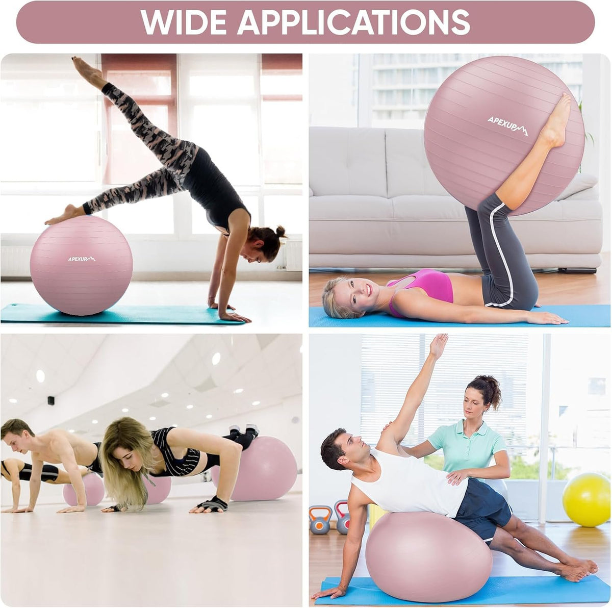 APEXUP Yoga Ball, 660 lbs Anti-Burst Exercise Ball with Pump, 5 Sizes
