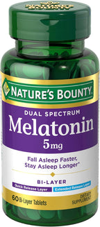 Nature's Bounty Melatonin 5mg Dual Spectrum, 60 Bi-Layer Tablets | 100% Drug Free Sleep Supplement, Quick Release and Extended Release, Promotes Relaxation and Sleep Health
