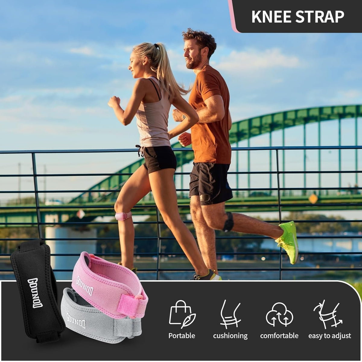 GOUNOD Patellar Tendon Support Strap 2 Pack,Knee Strap for Knee Pain Relief,Patella Band for Basketball, Jumpers Knee, Tendonitis, Running, Hiking, Soccer, Osgood Schlatter（Black）