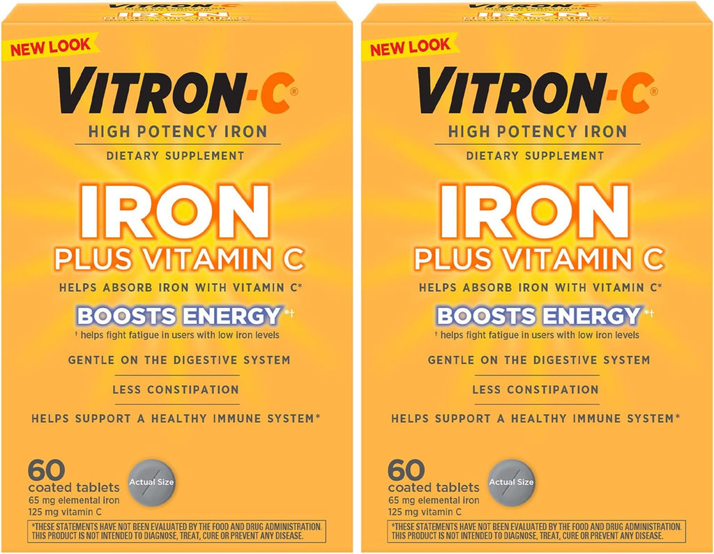 Vitron-C Iron Supplement, Once Daily, High Potency Iron Plus Vitamin C, Support Red Blood Cell Production, Dye Free Tablets, 60 Count, 2 Pack