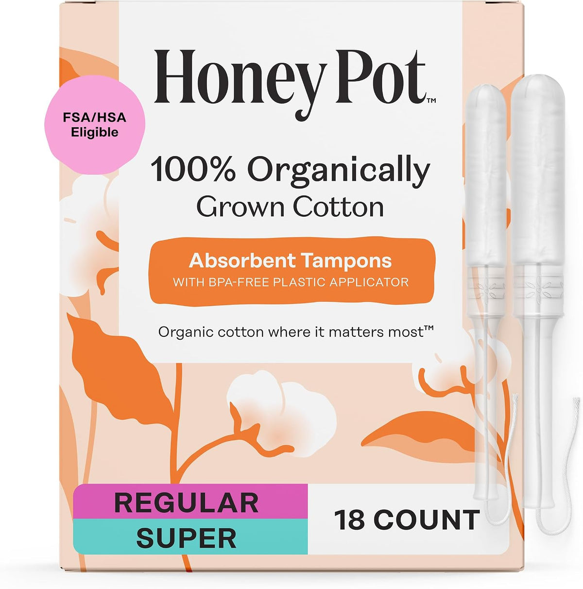 The Honey Pot Company - 100% Organic Cotton Tampons - Regular & Super | Multipack - Tampons w/BPA Free Plastic Applicator - Unscented - Without Fragrances or Chlorine - Feminine Care - 54ct