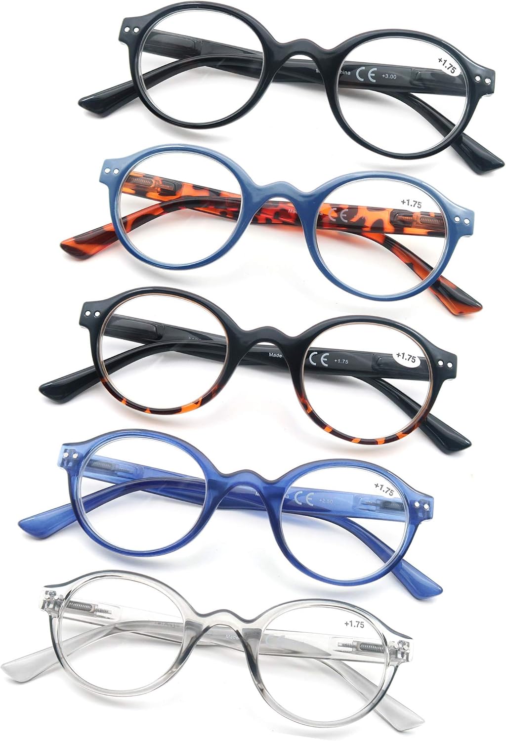 Round Reading Glasses for Women Men Classic Circular Readers +2.50 Stylish Lightweight Cheaters Glasses Spring Hinges 5 Pack