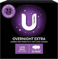 U by Kotex Extra Overnight Pads Long with Wings 32 Pack (4 x 8 Pack) - Packaging May Vary