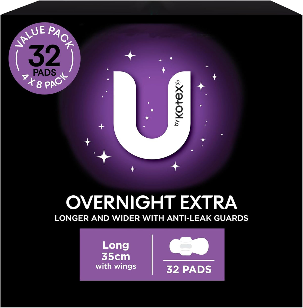 U by Kotex Extra Overnight Pads Long with Wings 32 Pack (4 x 8 Pack) - Packaging May Vary