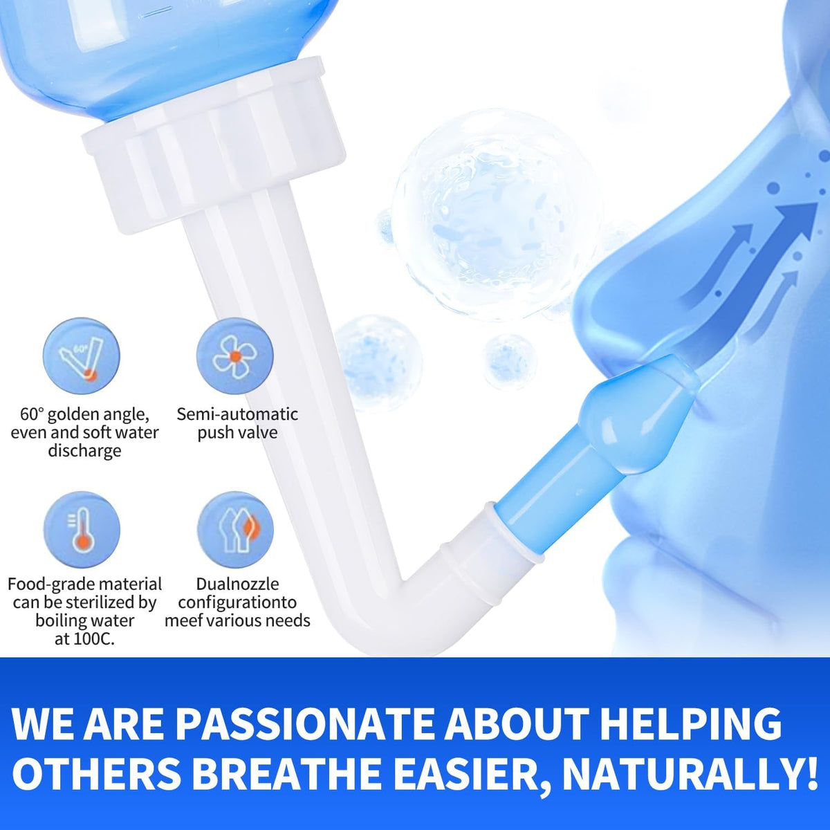Neti Pot Sinus Rinse Bottle,Nasal Wash Bottle,Sinus Rinsing Cleaner Pressure Rinse Nasal Irrigation with Sticker Thermometer for Adult & Kid (300ml with 40 Nasal Wash Salt Packets)