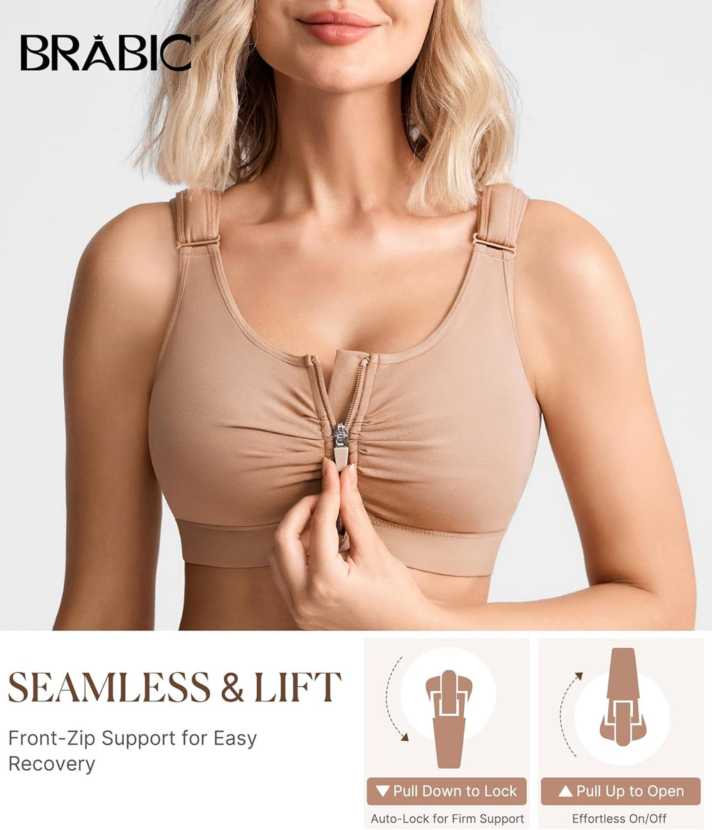 BRABIC Zip Front Closure Everyday Bra for Women Post Surgery Compression Support with Adjustable Straps Wirefree