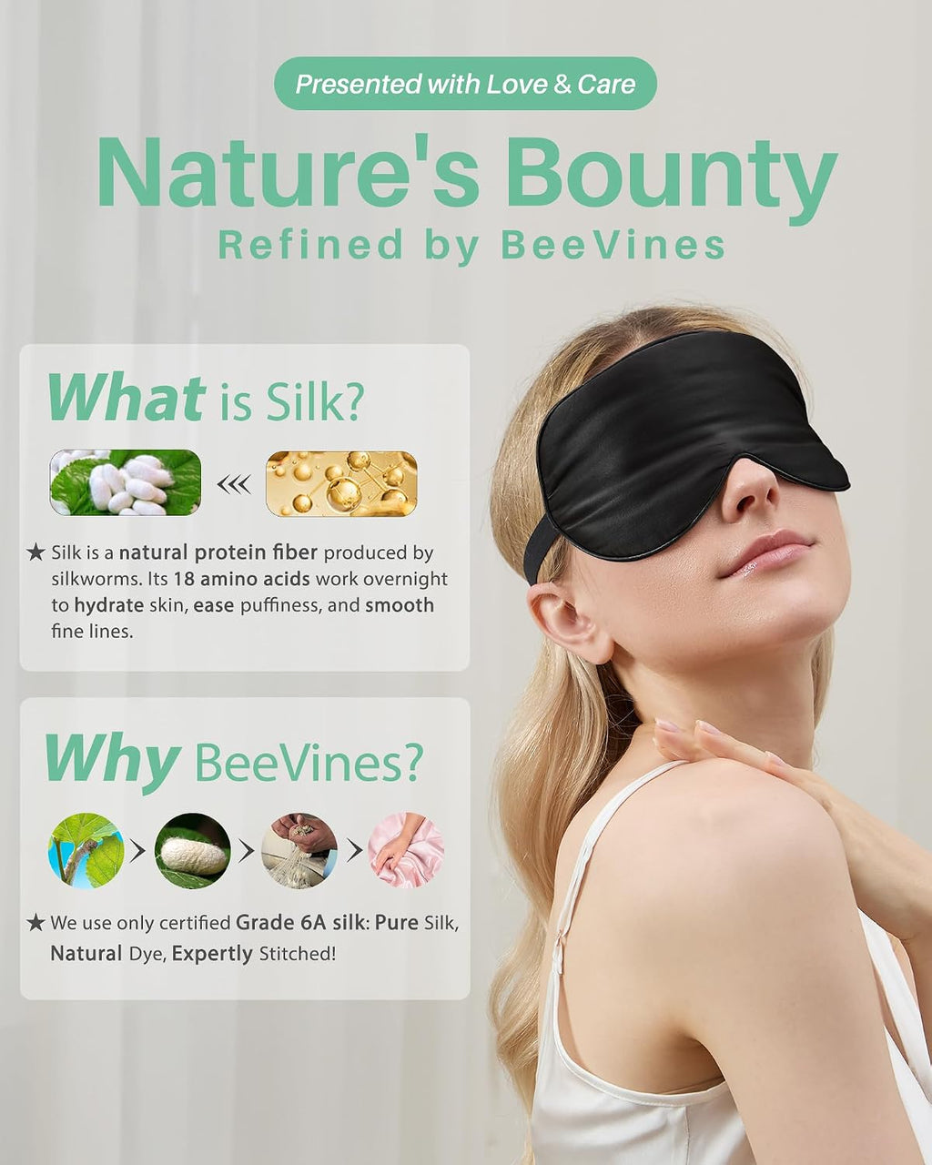 BeeVines 100% Mulberry Silk Sleep Mask, Blackout Eye Masks(Black & Black) | Natural Pure Silk Eye Shade, Real Silk Eye Cover for Sleeping, with Adjustable Strap, Reduces Puffy Eyes, Traveling Gifts