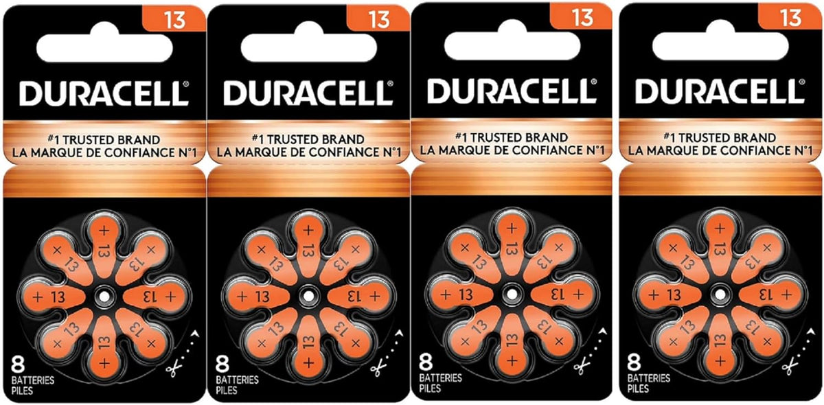 Duracell Hearing Aid Batteries Orange Size 13, 32 Count Pack, 13A Size Hearing Aid Battery with Long-Lasting Power, Extra-Long EasyTab Install for Hearing Aid Devices