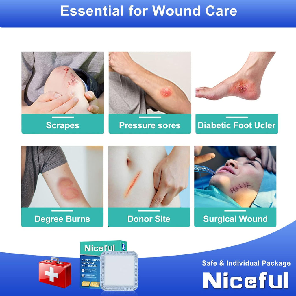Niceful Super Absorbent Wound Dressing 4" x 8" (10 Pcs) – Sterile Non Stick Gauze Pads for Wound Care, Heavy Exudate Large Bandages for Pressure Ulcers, Bedsores, Diabetic Foot Ulcers