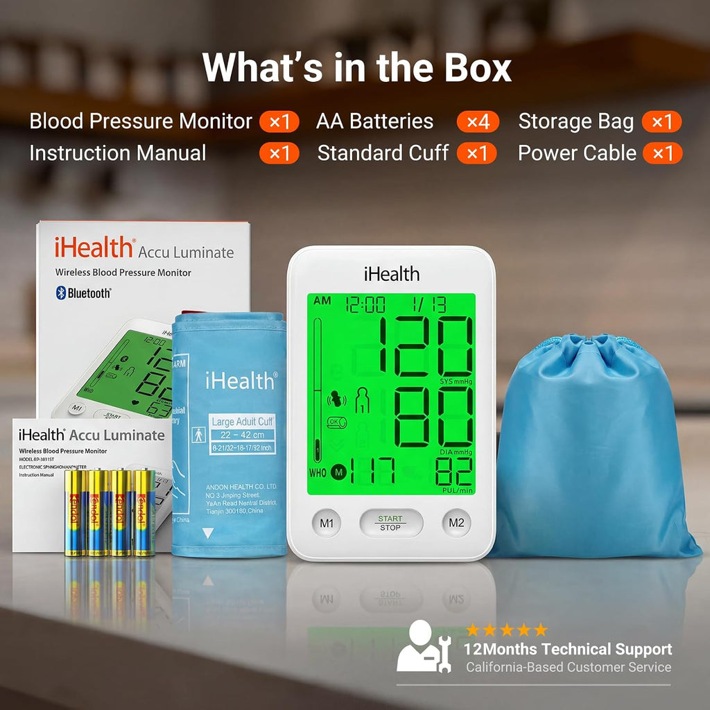iHealth Accu Bluetooth Upper Arm Blood Pressure Monitor for Home Use | Smart BP monitor with 8.7-16.5 in BP Cuff for large arms, easy-to-read LCD, 2-user memory, Body & Cuff Detection, White