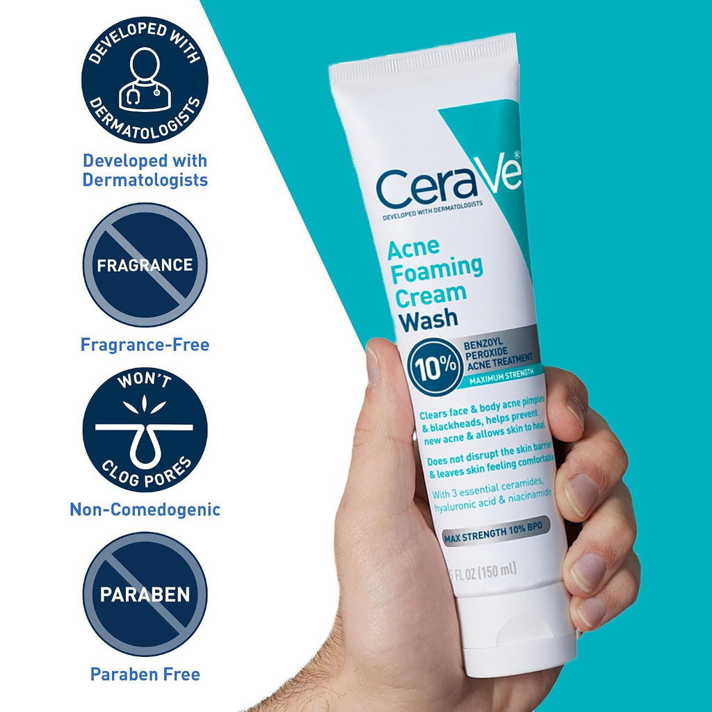 CeraVe Acne Foaming Cream Wash, 10% Benzoyl Peroxide Facial Cleanser, 5oz | 10% Benzoyl Peroxide Cleanser with Hyaluronic Acid and Niacinamide Clears Pimples and Acts As A Blackhead Remover