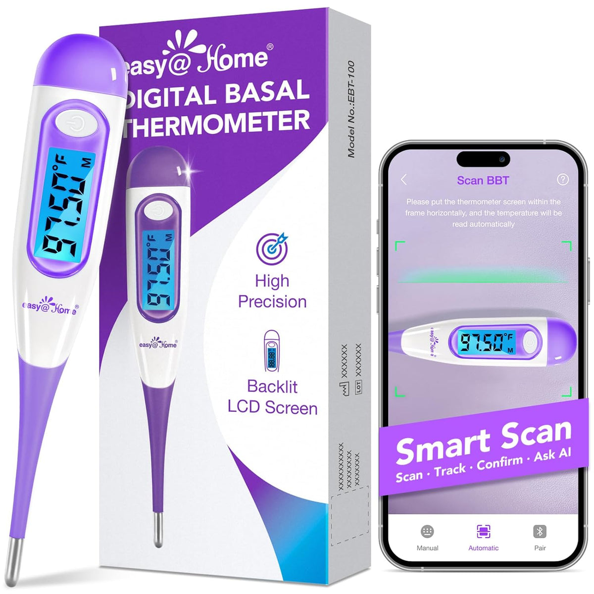 easy@Home Digital Basal Body Thermometer for Adults - Fertility Tracker | Precise 1/100th Degree Thermometer. Flexible Tip, Backlit LCD & 30 Memory. Auto Scan Premom App for Women