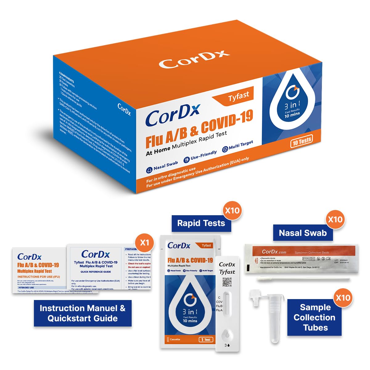 TyFast Flu A/B & COVID-19, At Home 3-in-1 Rapid Test Kit, 10 Tests | Nasal Swab Self-Test, Easy-To-Use For Adults And Kids, EUA Authorized OTC, Quick 10-Minute Results