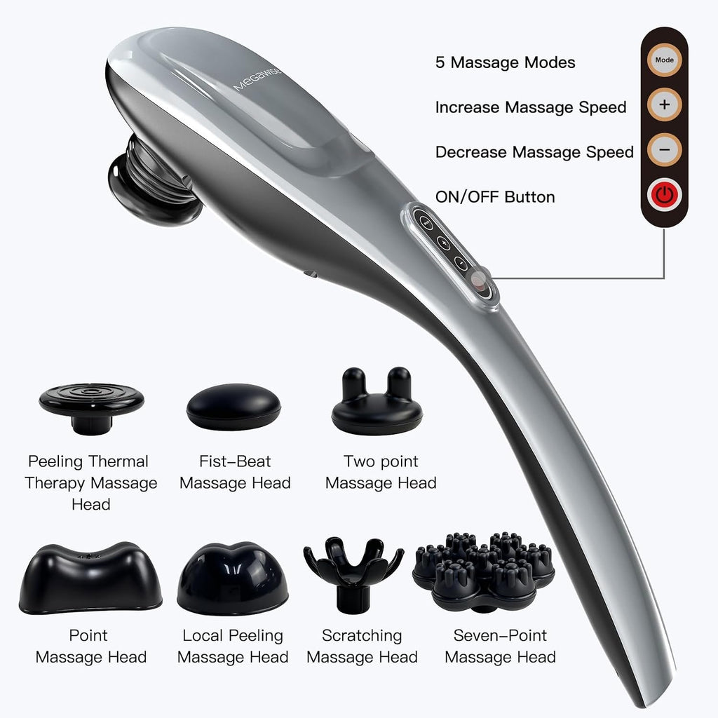 MEGAWISE Handheld Back Massager | Deep Tissue Percussion Massage for Back, Neck, Shoulders, Waist and Legs (Cordless Silver)