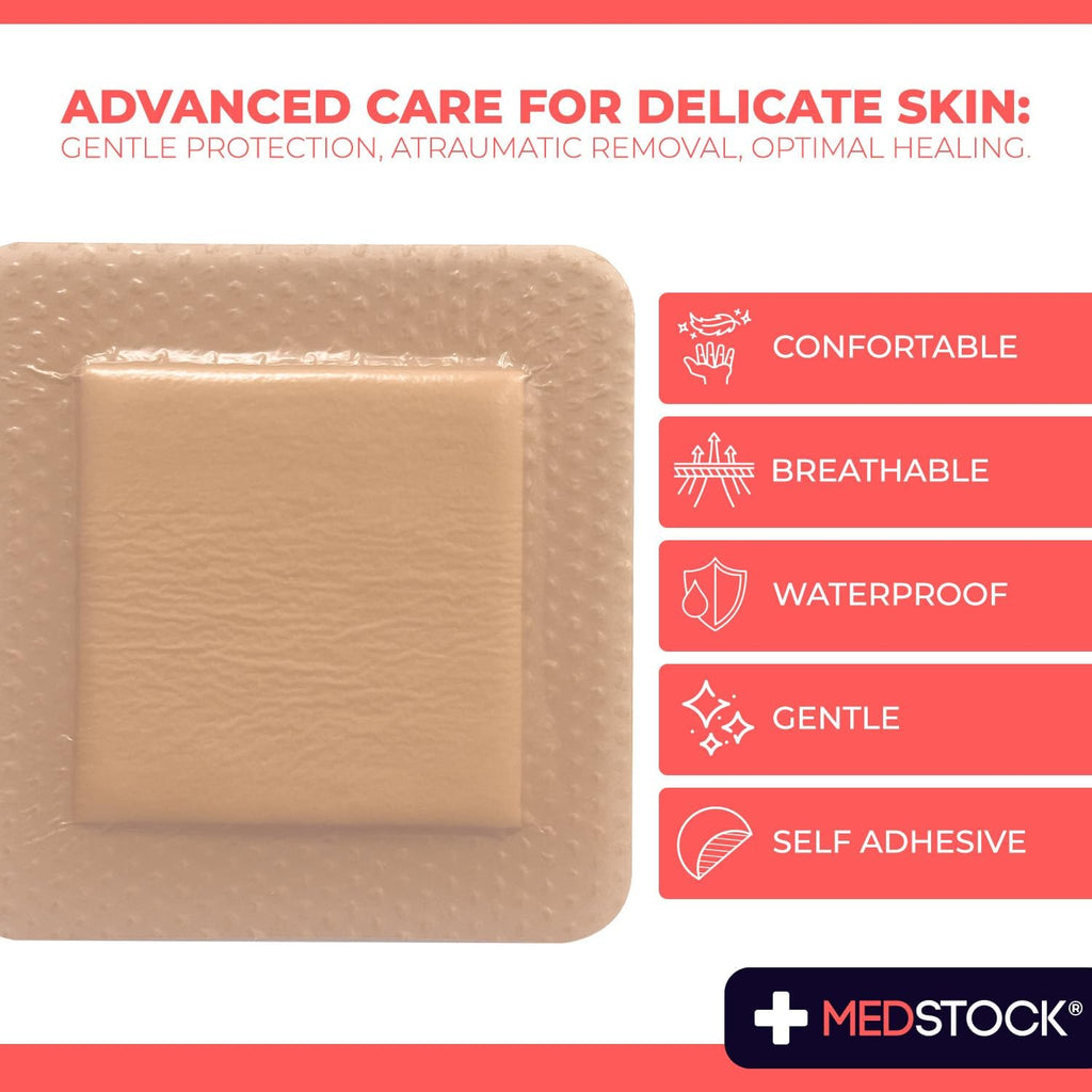 MEDSTOCK Silicone Foam Lite Dressing with Border, 10cm x 10cm, 10 Count, Comfortable Healing for Wounds, Waterproof, Gentle & Secure Adhesion