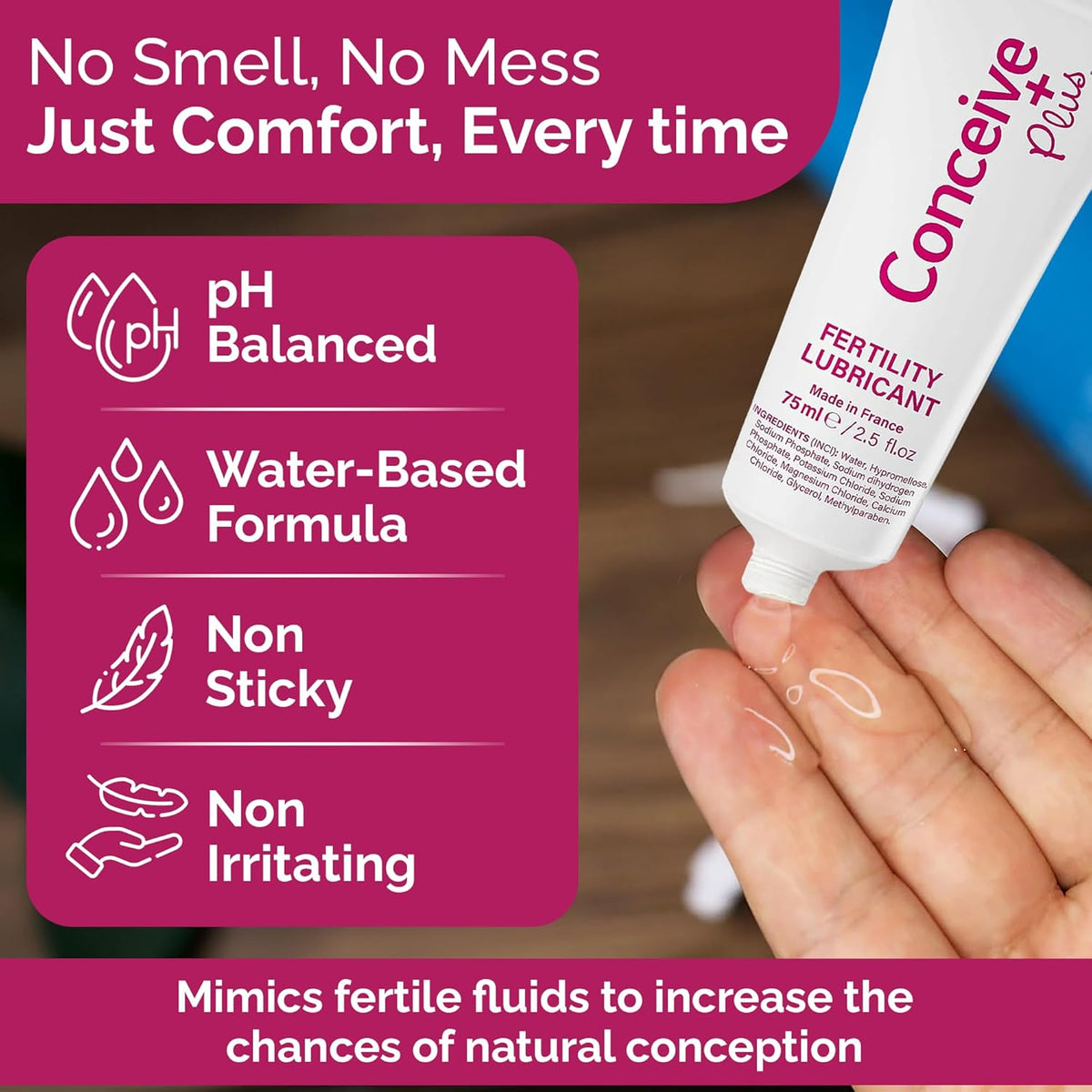 Conceive Plus Fertility Lubricant | Fertility Friendly Water Based Lubricant with Calcium + Magnesium, Non-Sticky Water Based Lubrification, Multi-Use Personal Lube for Conception Support | 75ml