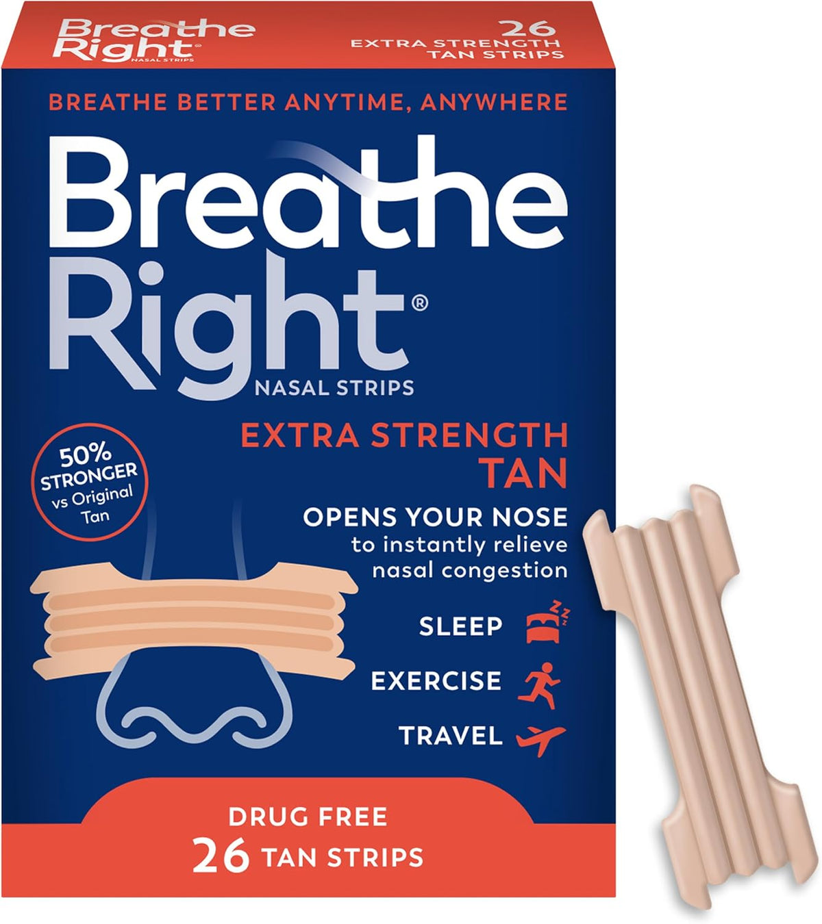 Breathe Right Nasal Strips, Extra Strength, Nasal Congestion, Tan, 26ct | Opens nose and increases nasal airflow, helps relieve nasal congestion for better breathing, drug-free, use anytime, anywhere