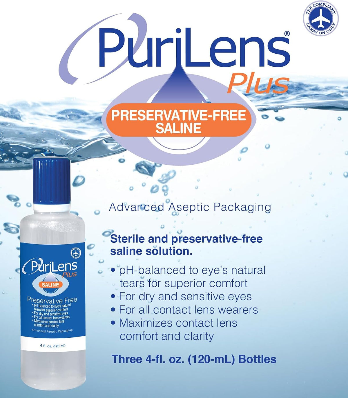 Purilens Plus Preservative-Free Contact Lens Saline 120ml (4 fl. oz.) 3 Pack