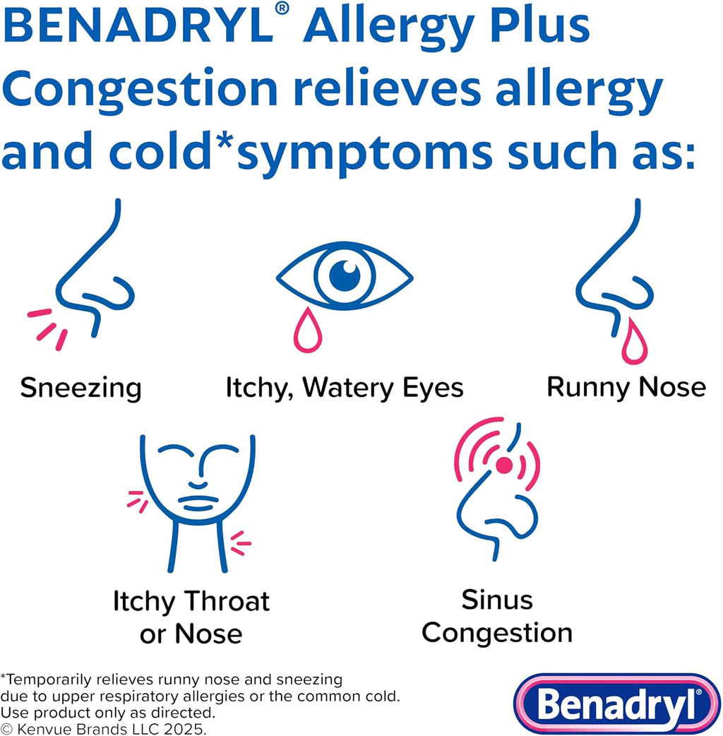 Benadryl Allergy Plus Congestion Ultratabs, 24 ct | Diphenhydramine HCl Antihistamine and Phenylephrine HCl Nasal Decongestant, Allergy & Sinus Congestion Relief Tablets