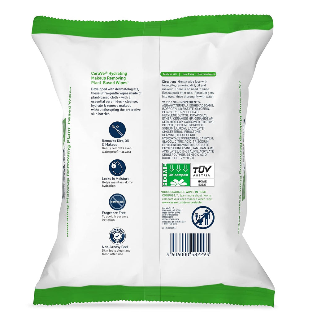 CeraVe Makeup Remover Wipes, Plant Based Face Wipes with Glycerin, 25ct
