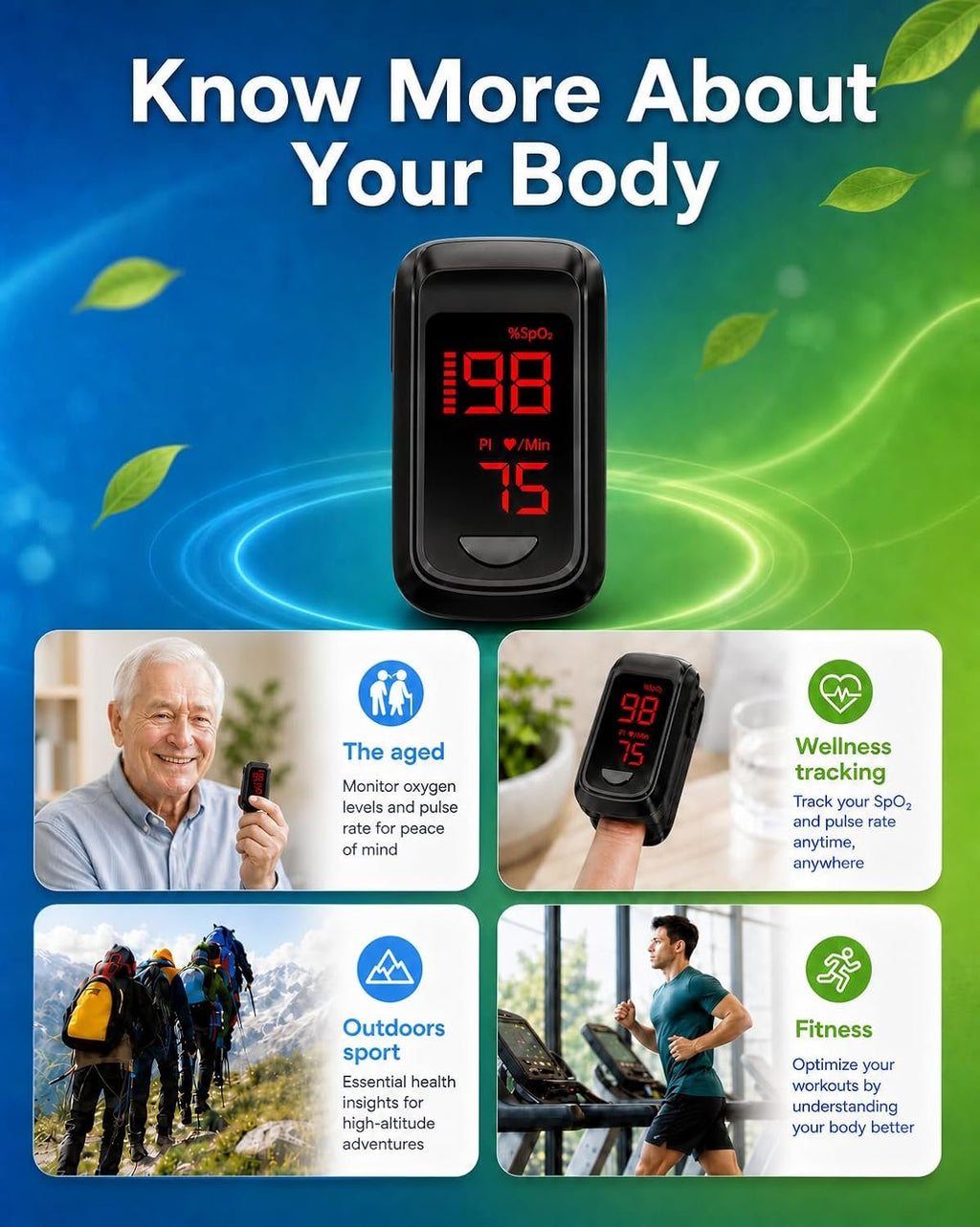 HOLFENRY Pulse Oximeter Fingertip - Large Display Oxygen Monitor Fingertip with Fast 5-8s Reading for SpO2/Heart Rate/PI, Accurate Pulse Ox for Home/Sports/Travel, Batteries & Lanyard Included