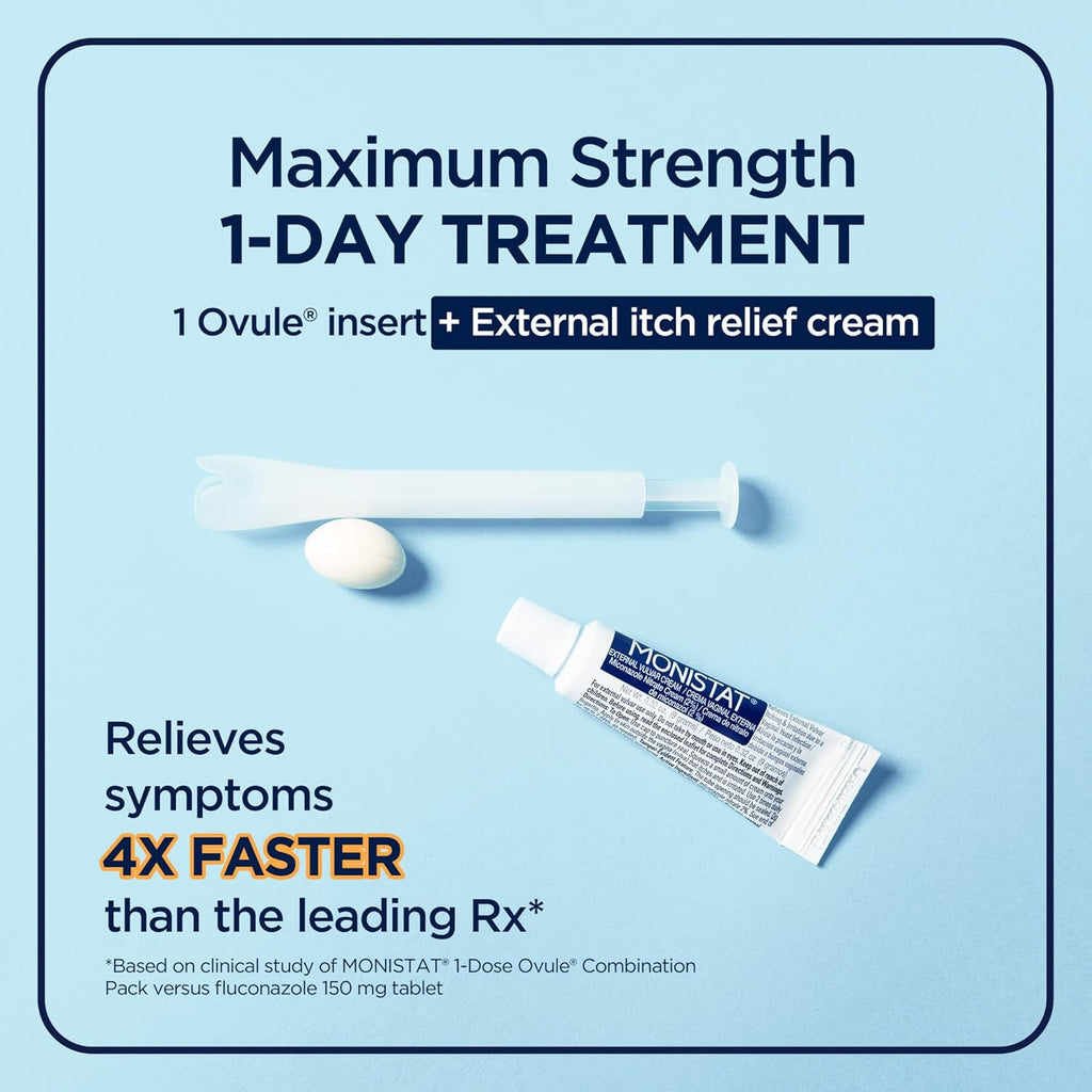 Monistat 1-Day Yeast Infection Treatment for Women, 1 Miconazole Ovule Insert & External Itch Relief Cream (9g Tube) Combo Pack, Maximum Strength
