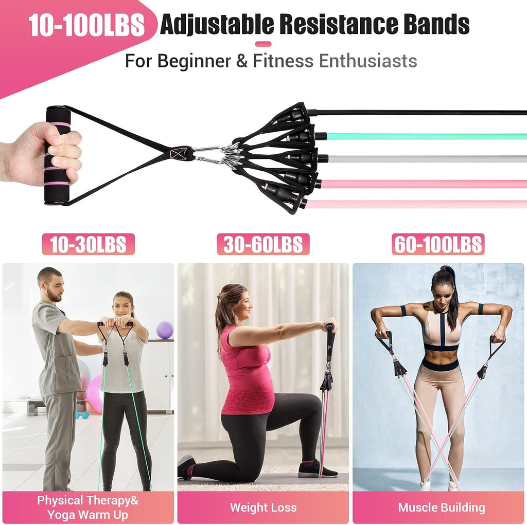 Resistance Bands with Handles for Women, 5 Level Exercise Bands | Workout Bands for Physical Therapy, Yoga, Pilates, Door Anchor, Storage Pouch, Training Poster