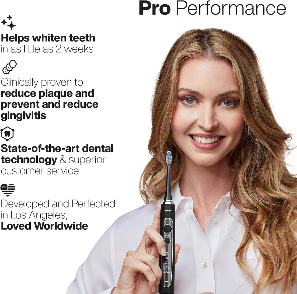 Aquasonic Black Series PRO – Ultra-Whitening Electric Toothbrush – 5 Modes & Smart Timers – Premium Travel Case & 6 Proflex Brush Heads – ADA Accepted Toothbrush