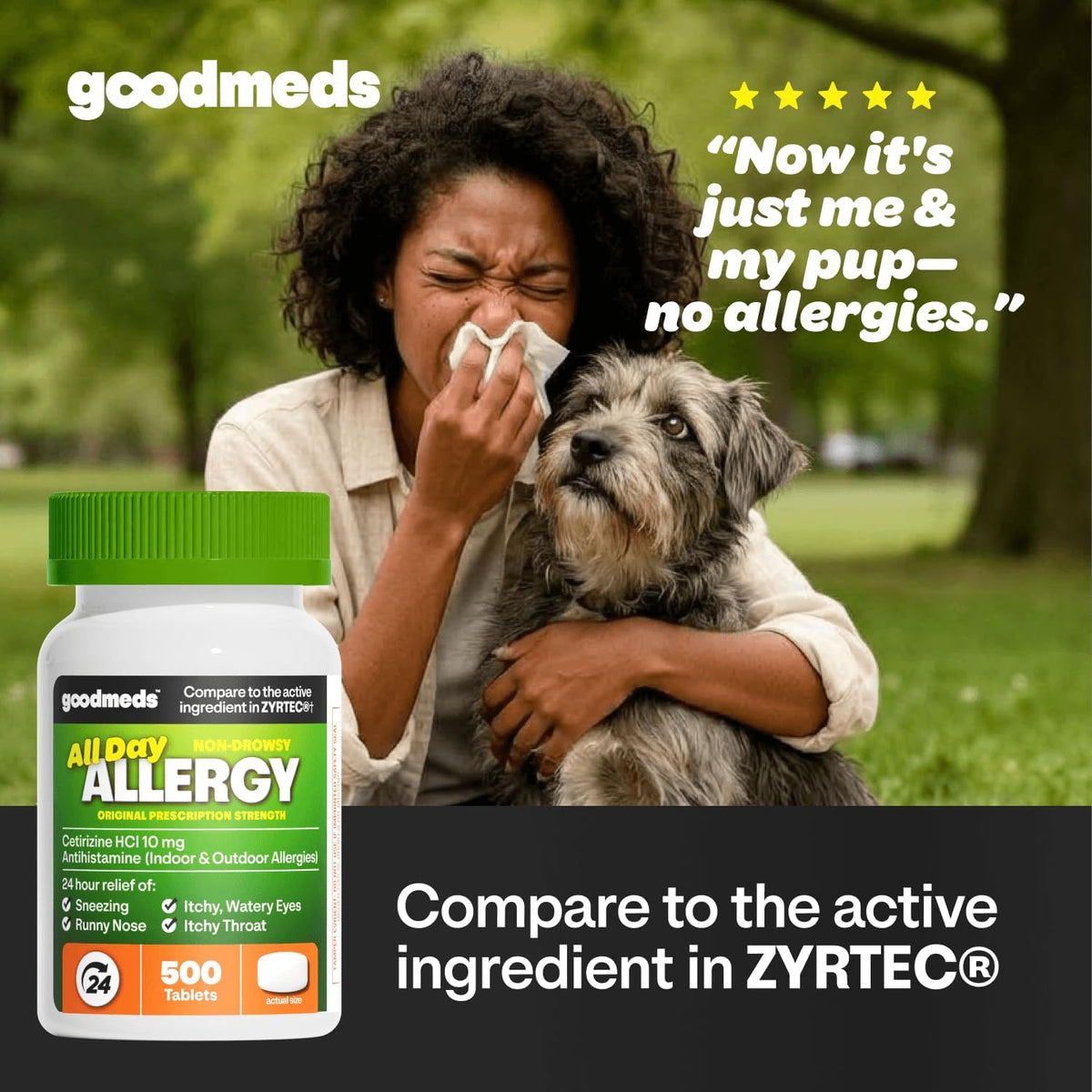 24-Hour Allergy Medicine 500-Count Non-Drowsy Antihistamine for Pollen, Hay Fever, Dry, Itchy Eyes, Allergies | Cetirizine HCl 10mg Tablets, Compare to Leading Brand