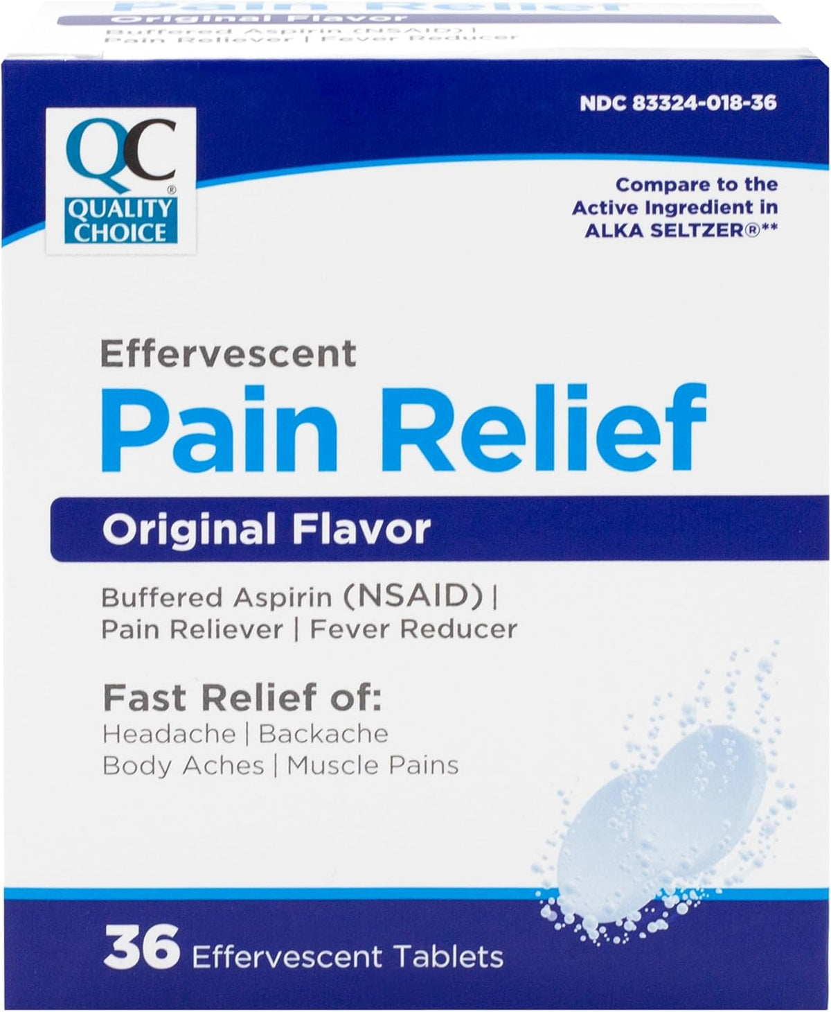 Quality Choice Effervescent Pain Relief, Original Flavor, Buffered Aspirin (NSAID) Pain Reliever and Fever Reducer, 36 Tablets (Pack of 2)