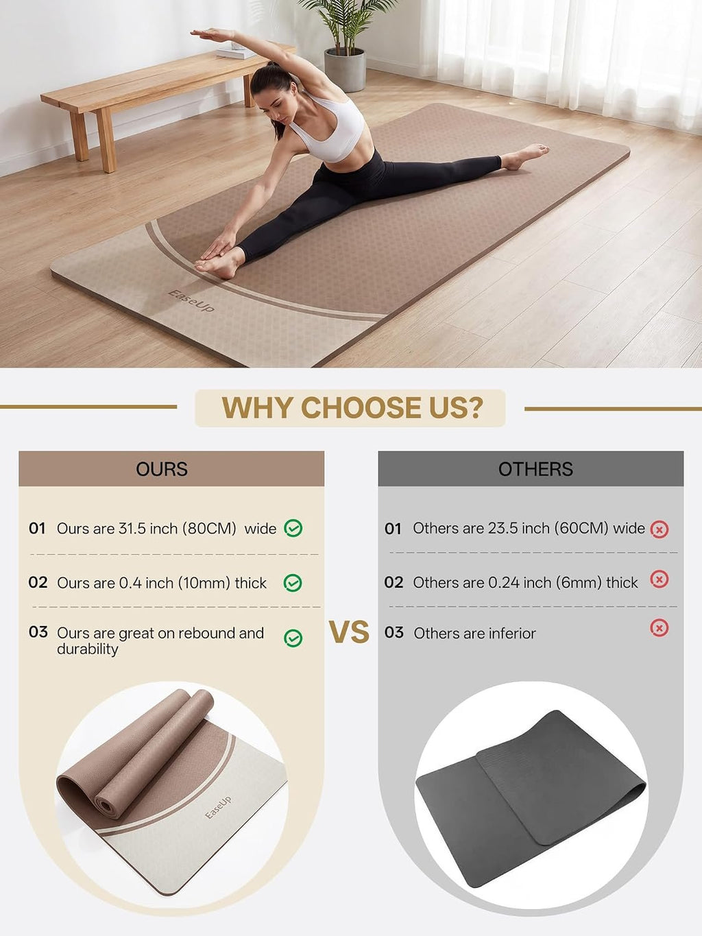EaseUp 10mm Thick Yoga Mat, 73"×31.5" Extra Wide, Non-Slip with Strap | Extra thick 0.4inch yoga mats for Yoga,Exercise,Pilates and Fitness, for Women Men Home Workout