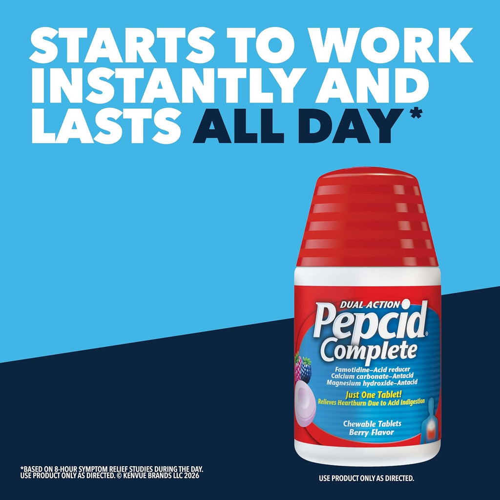 Pepcid Complete Acid Reducer + Antacid Chews, 10mg Famotidine, Berry, 70 Ct | Heartburn Relief, OTC, 800mg Calcium Carbonate, 165mg Magnesium Hydroxide, 10 mg Famotidine, For Acid Reflux, Fast-Acting