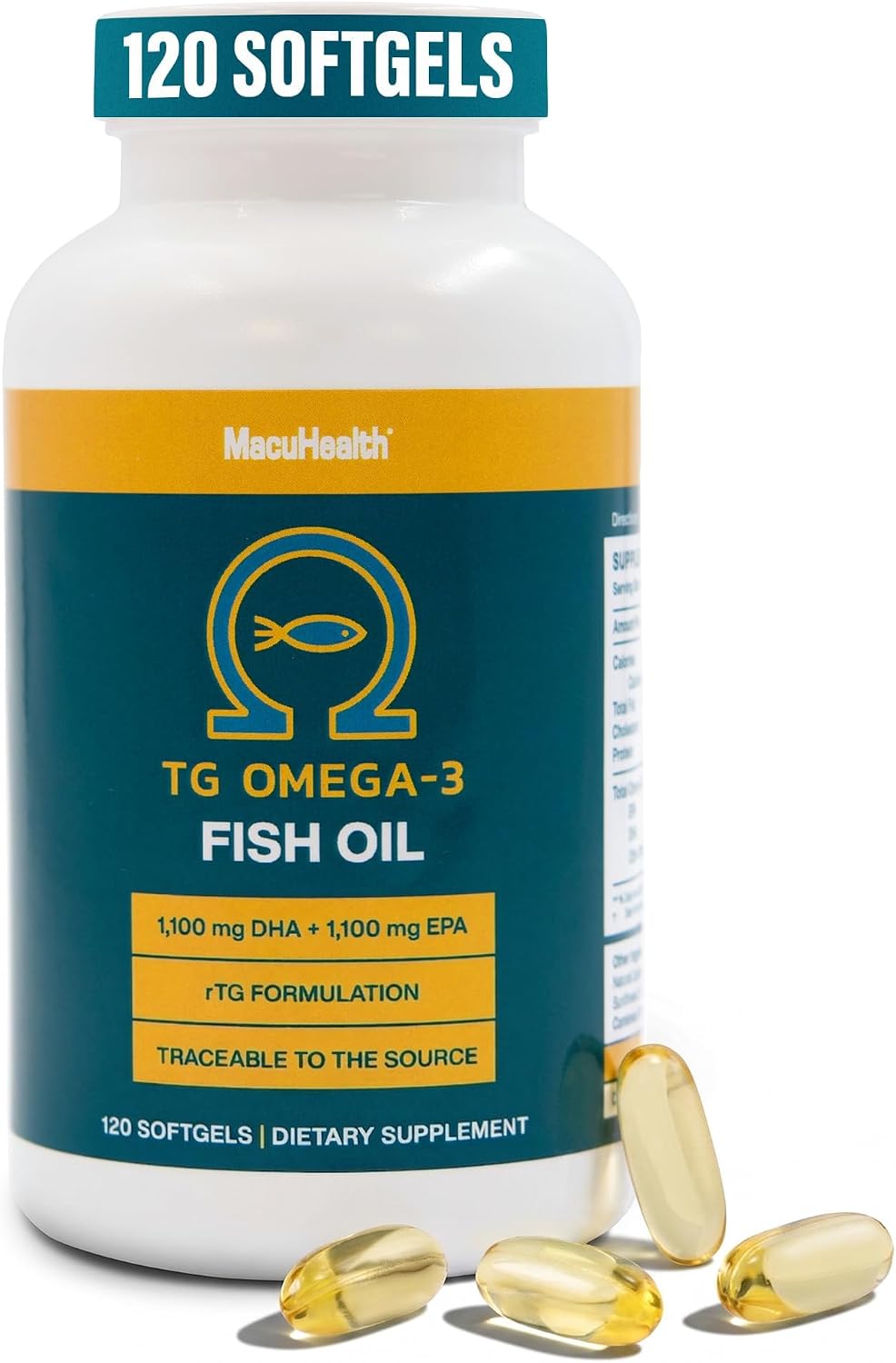 Macuhealth Omega 3 Fish Oil - 1100mg DHA, 1100mg EPA - rTG Formula | 120 softgels, 3 months supply - Eye & Brain Health Supplement, Triglyceride Formula