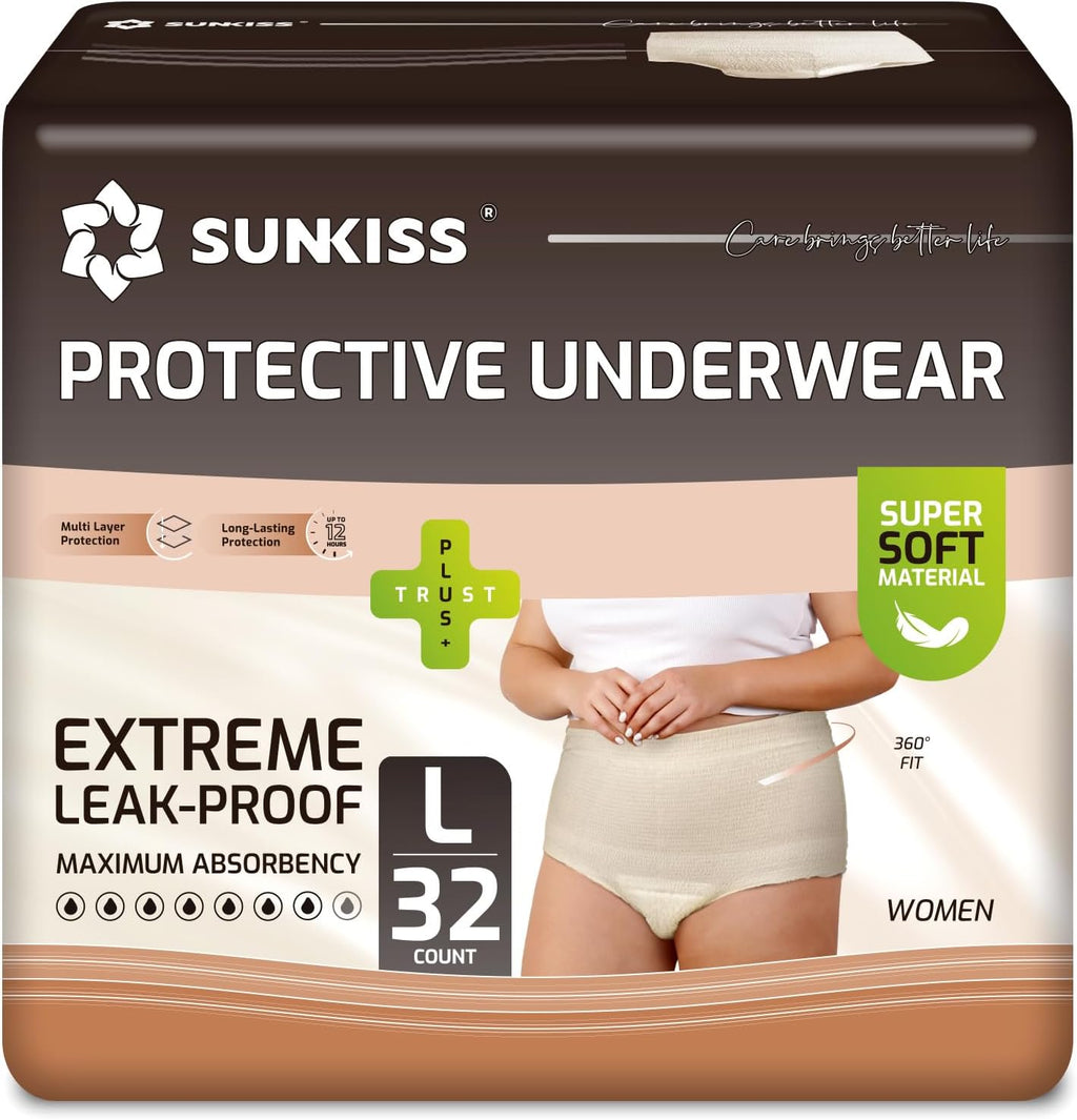SUNKISS Women Incontinence Underwear, Daytime Disposable Postpartum Adult Panties, Protective Pull Ups with Maximum Absorbency, Large, Beige, 32 Count