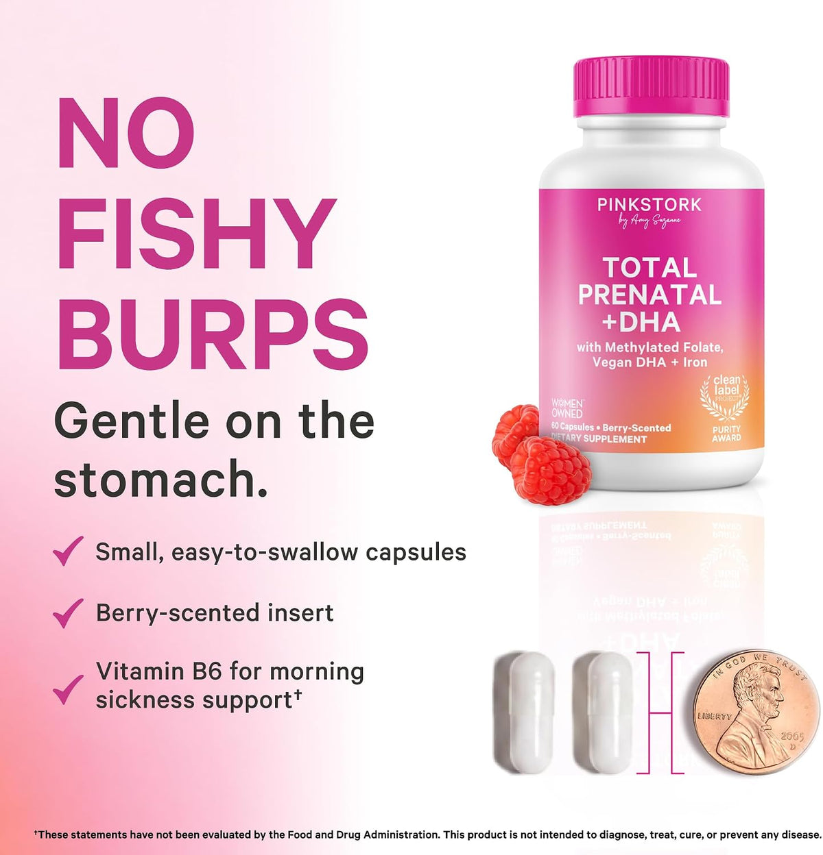 Pink Stork Total Prenatal + DHA, Vegan, No Fishy Burps, 60 Count, Berry | Methylfolate, Vegan DHA, Non-Constipating Iron, Choline, Vitamin B12 | Clean Label Purity Award, Made in USA