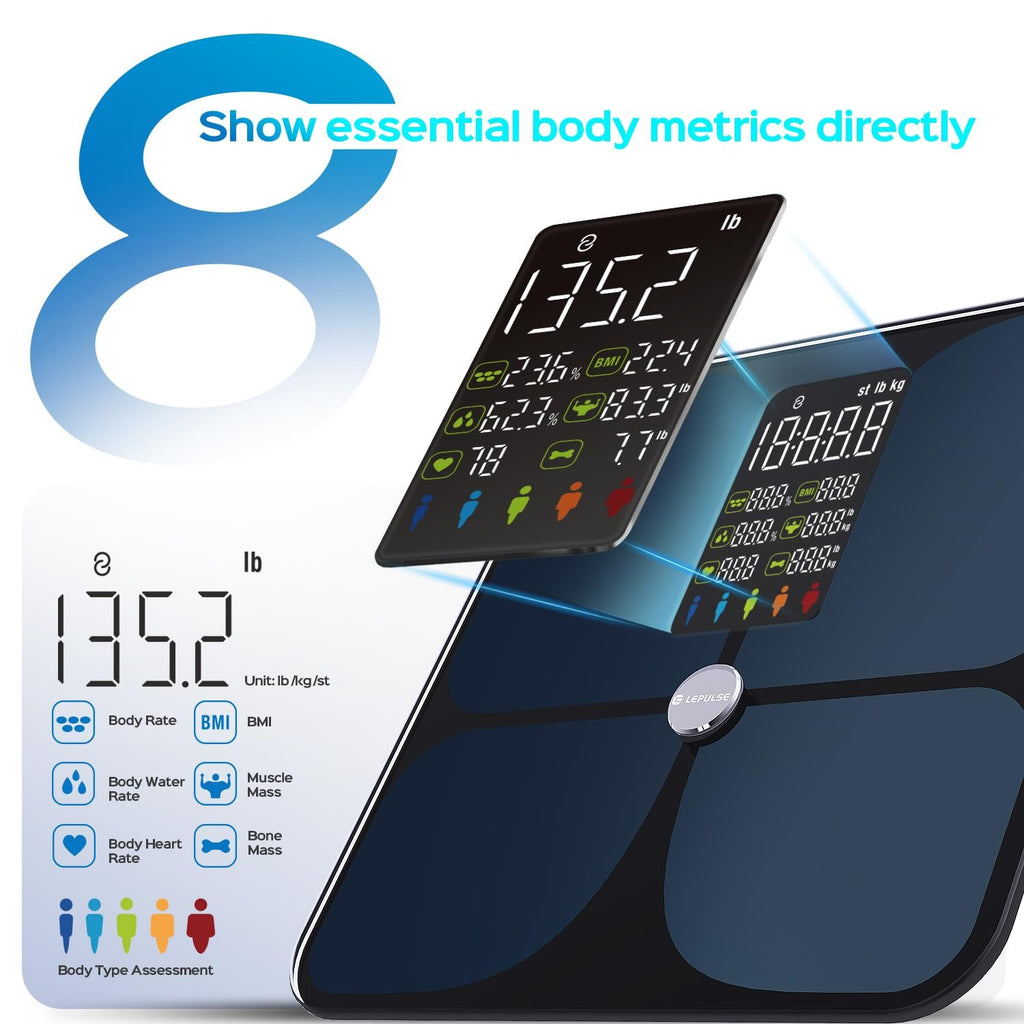 Lepulse Scale for Body Weight, Smart Digital Bathroom Weight Scale with Bmi | Body Fat Muscle Mass,20 Body Composition Metrics, 4.68"Large Display, Heart Rate, Accurate Bluetooth Weighing Scale with App