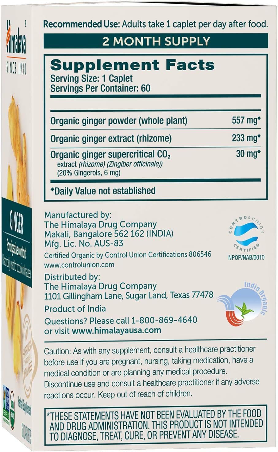 Himalaya USDA Organic Ginger Root Capsules, 60 Caplets, 60 Day Supply | Digestive Health Ginger Supplement for Nausea, Upset Stomach Relief, Occasional Bloating & Heartburn - Vegan, Non-GMO