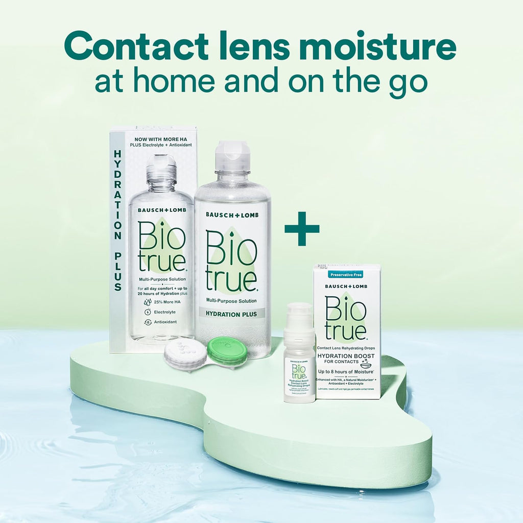Biotrue Hydration Plus Multi-Purpose Contact Lens Solution, 10 oz 2 Pack | Includes 2 x 10 oz bottles + lens cases, hyaluronic acid formula, cleans, disinfects, all-day comfort
