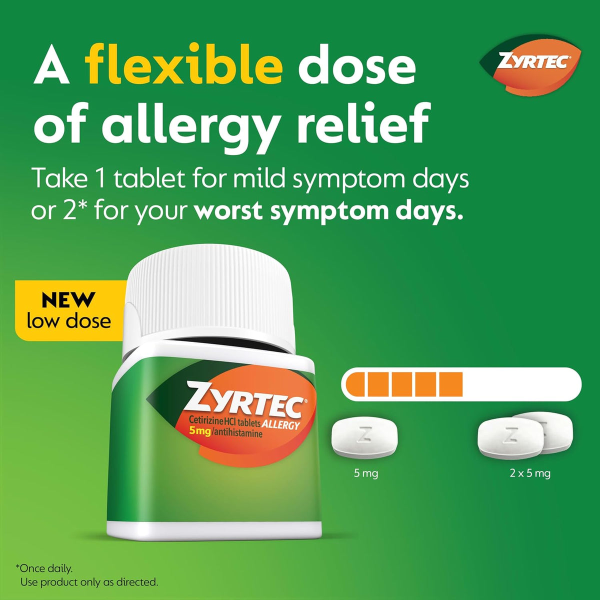 Zyrtec 24-Hour Allergy Relief Tablets, 5 mg Cetirizine HCl, 35 ct | Indoor & Outdoor Adult Allergy Medicine, Low Dose, Relief from Runny Nose, Sneezing, Itchy Eyes, plus Dust Mold & Pet Dander
