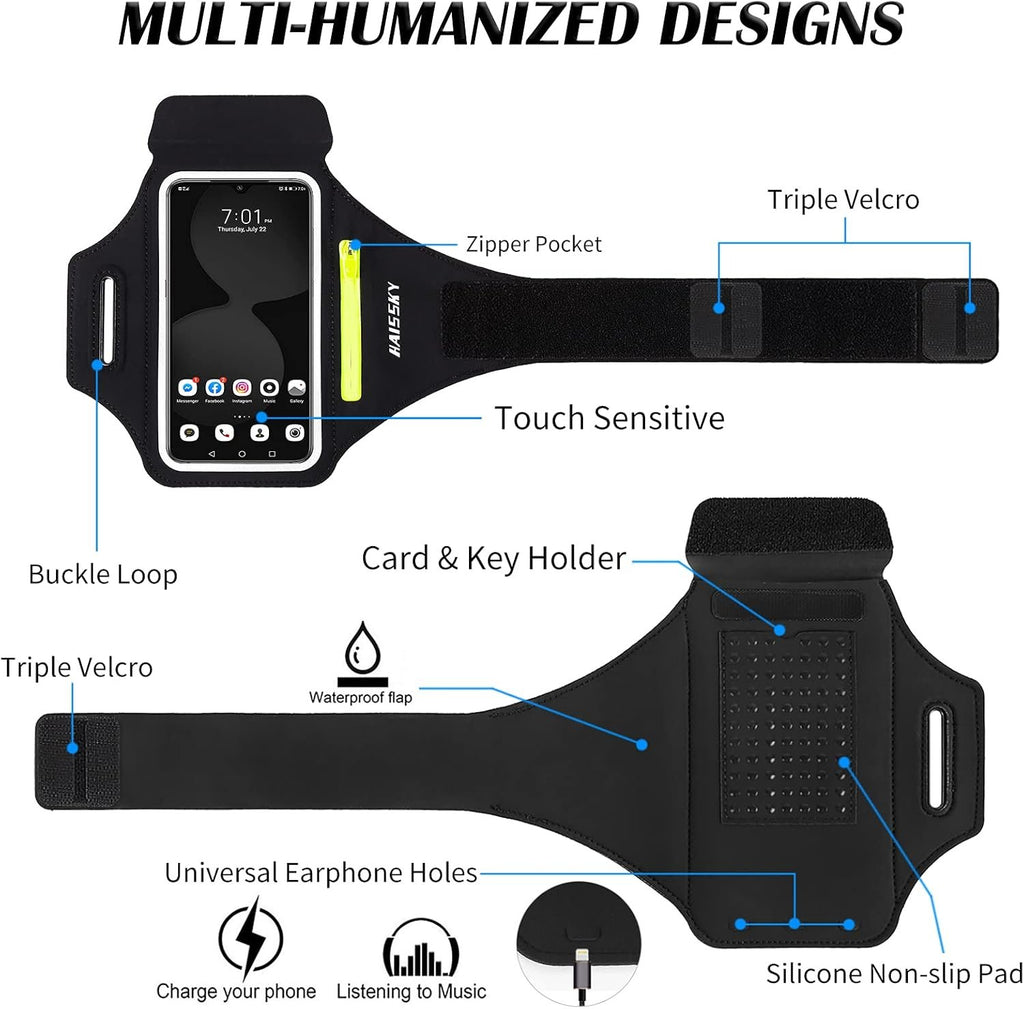 Running Armband with Earphone Bag Cell Phone Armband for iPhone 17 16 15 Pro 14 Plus 13 11 XR, Galaxy S24/S10 Water Resistant Sports Phone Holder Case & Zipper Slot Car Key Holder for 6.9 inch Phone