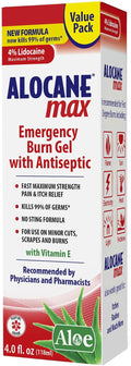 ALOCANE Max Maximum Strength Emergency Burn Gel With Lidocaine and Antiseptic, 4% Lidocaine, Fast Pain and Itch Relief, Sunburn Relief, Cuts, Scrapes, First Aid Burn Care, 4.0 Fluid Ounce